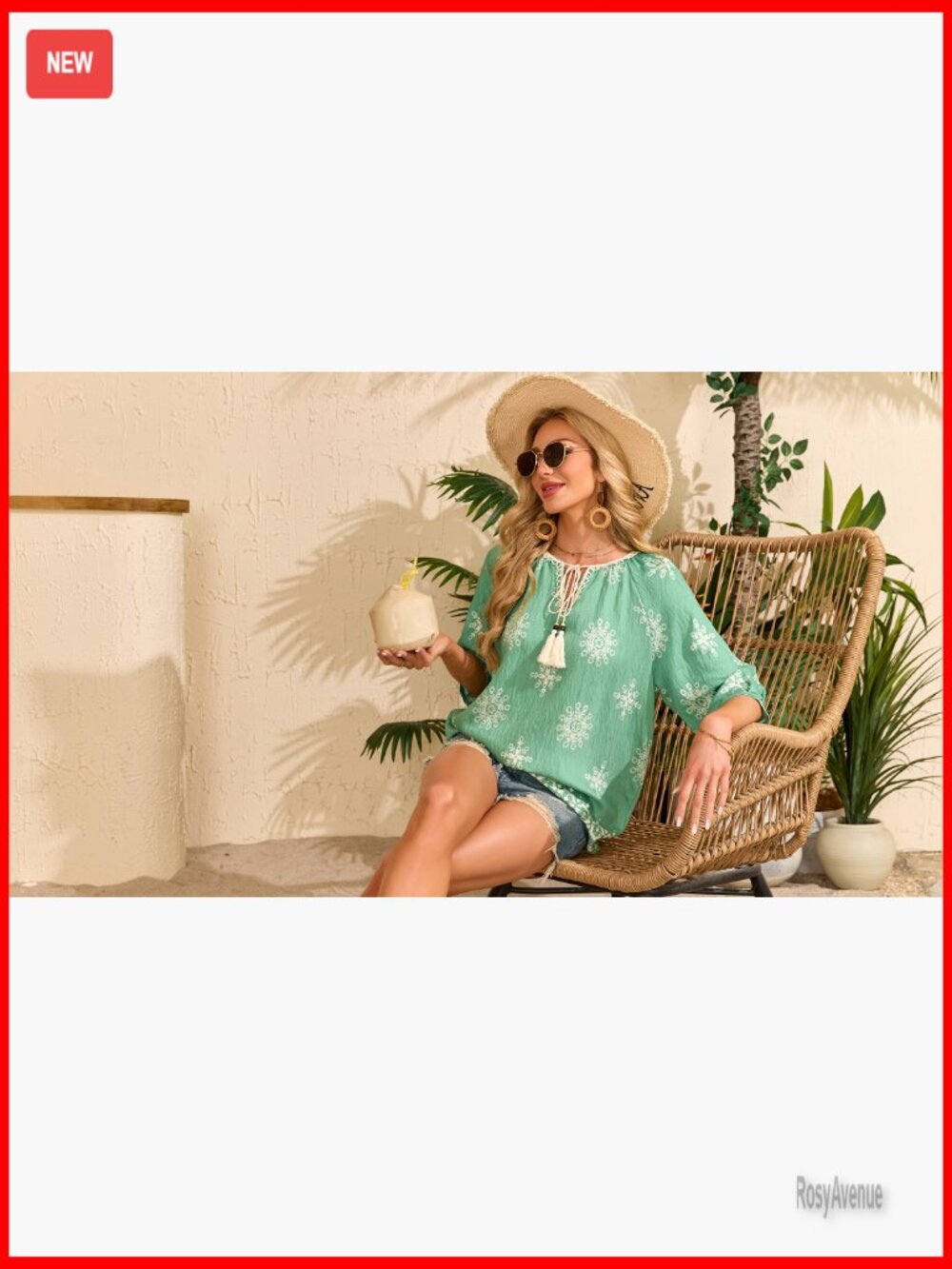 Boho 3/4 Sleeve V-Neck Tie Front Peasant Blouse Loose Fit Flowy Summer Top - Picture 7 of 7